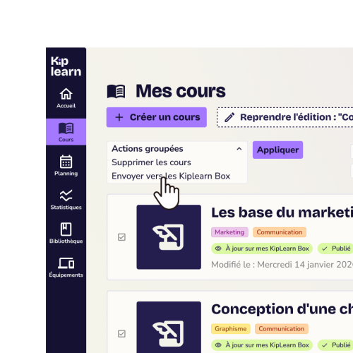 Plateforme Kiplearn, affichage des cours et envois dans la box