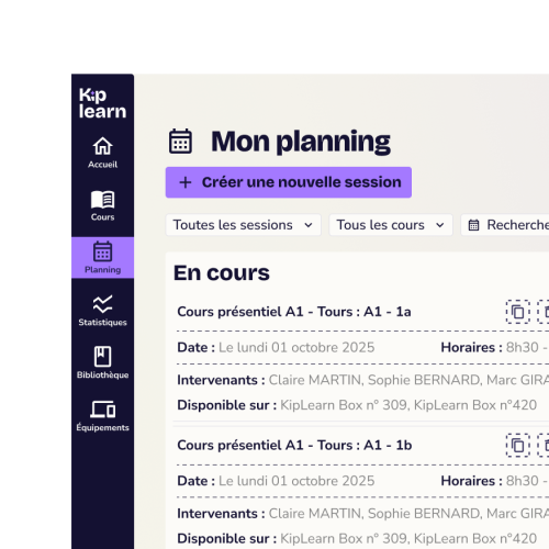 Plateforme Kiplearn, affichage des sessions