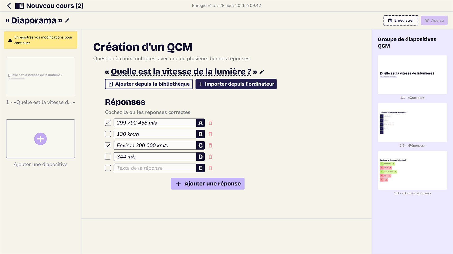 Interface création QCM