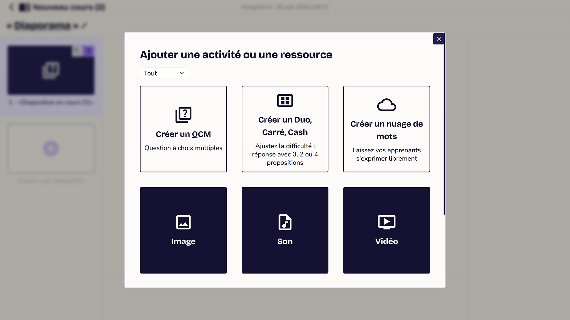 Fenêtre d'ajout d'une activité ou d'une ressource