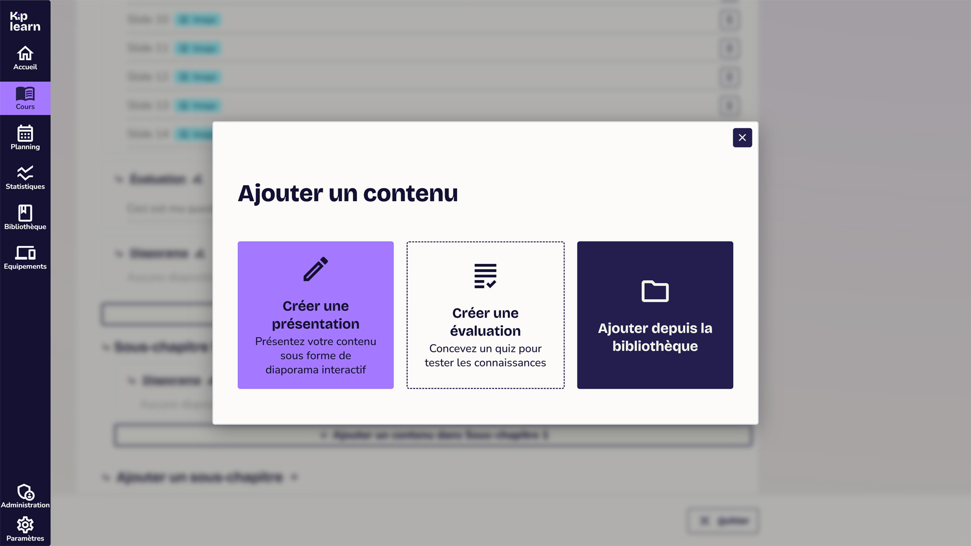 Fenêtre d'ajout de contenu de cours