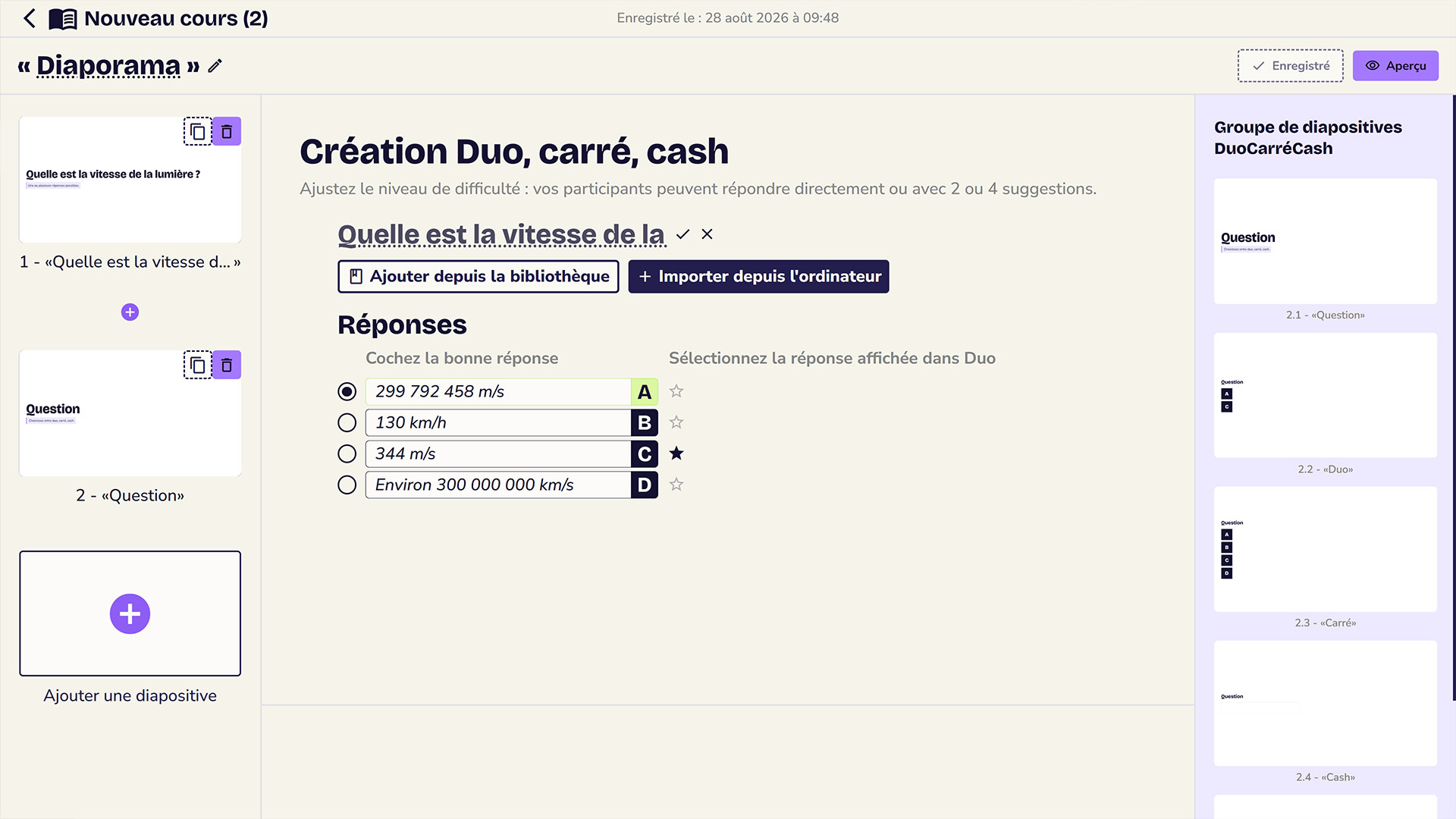 Interface création Duo/Carré/cash
