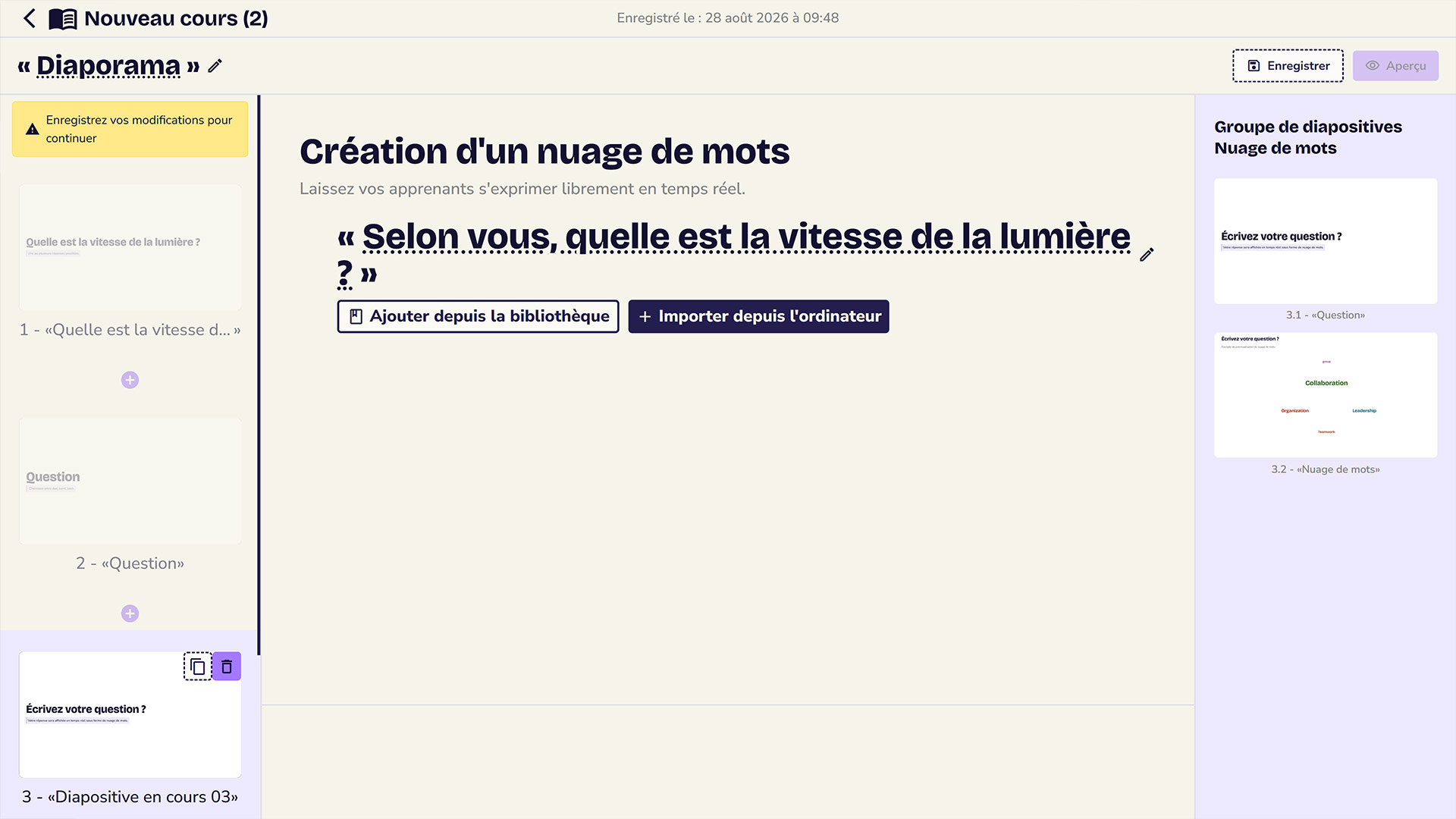 Interface création Nuage de mots