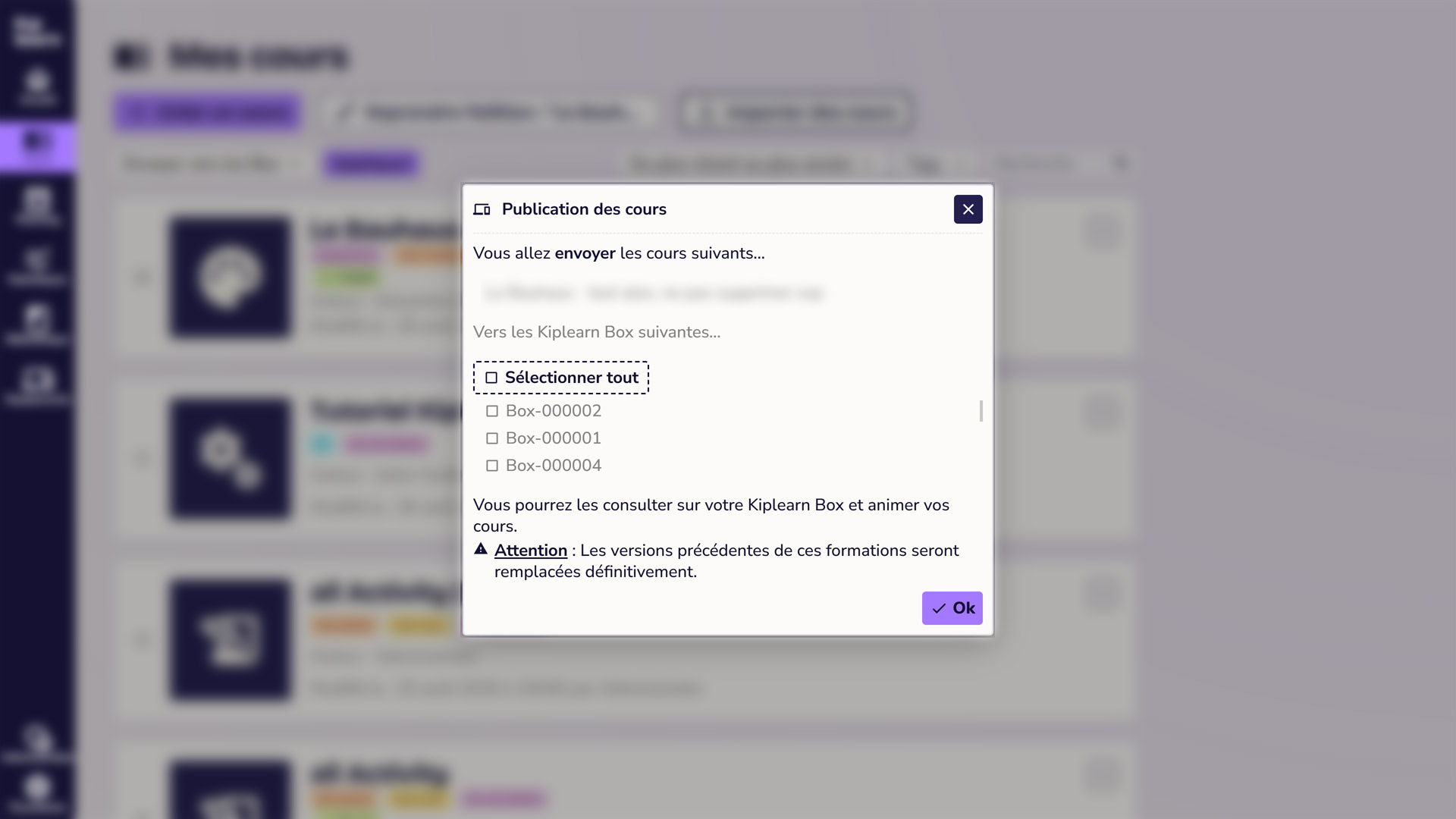 Ecran d'envoi d'un cours Kiplearn vers la box