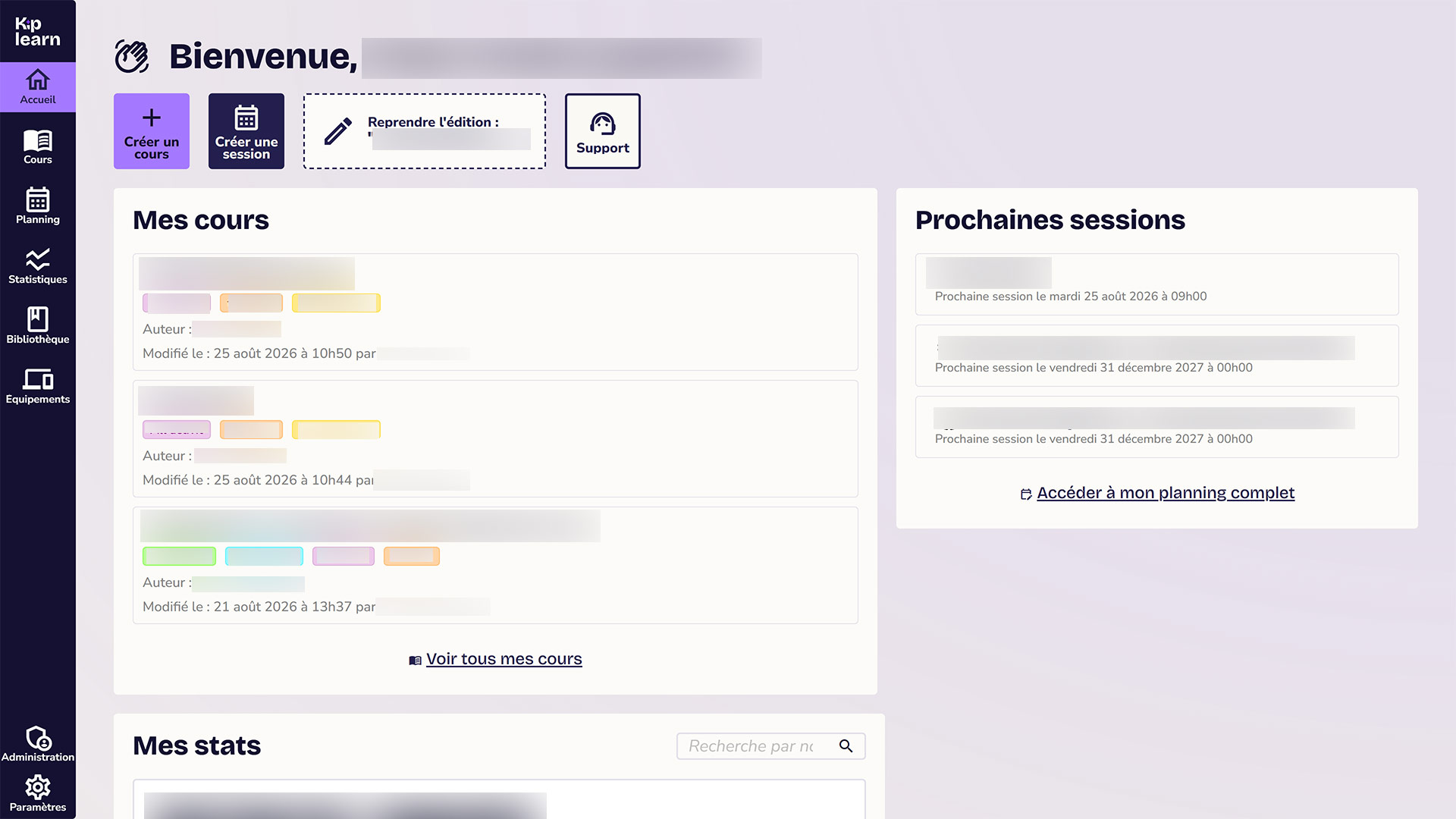 Barre latérale de navigation LMS Kiplearn